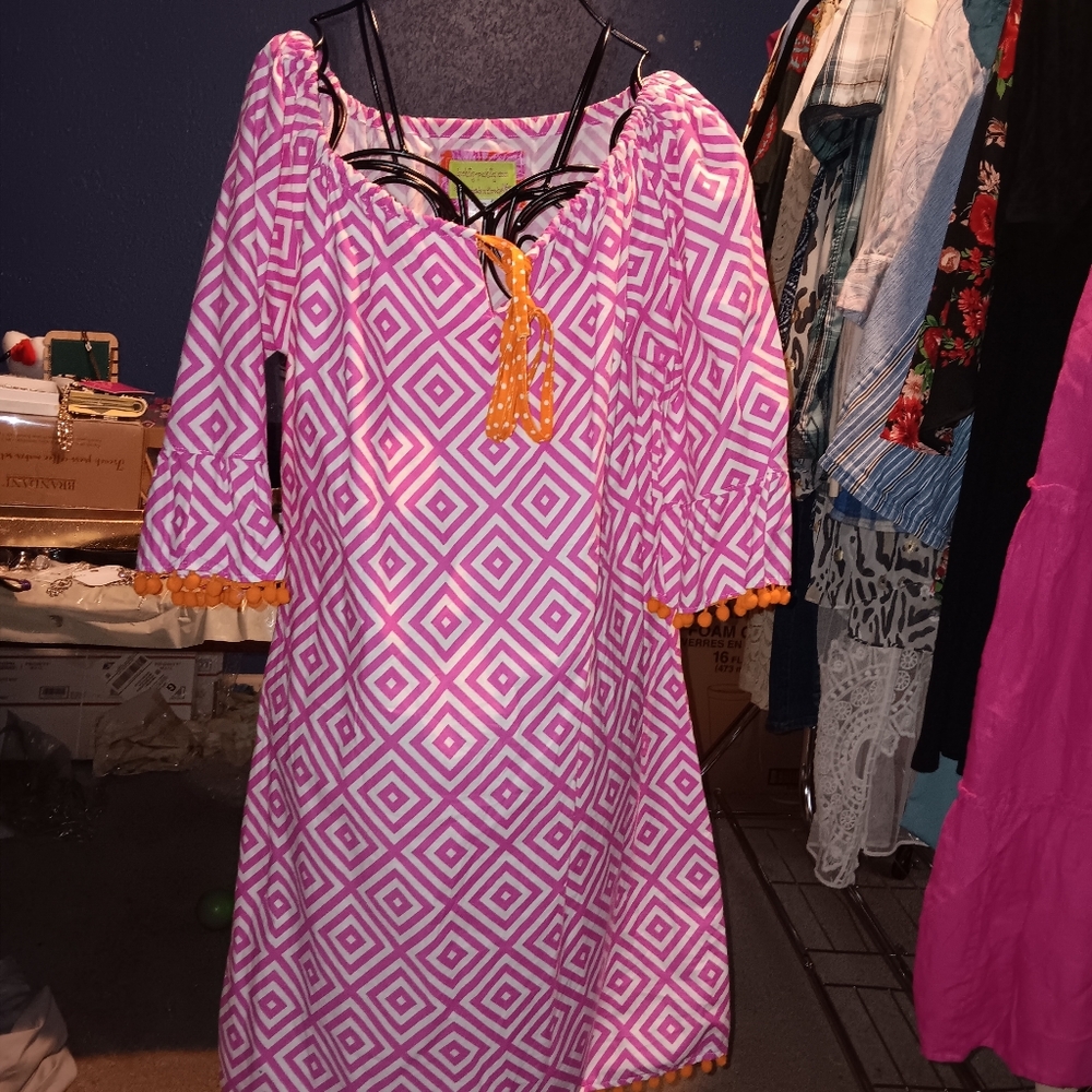Euc Hickity-Pickity Geometric Pink and Orange Dress With Pompom Details Sz S
